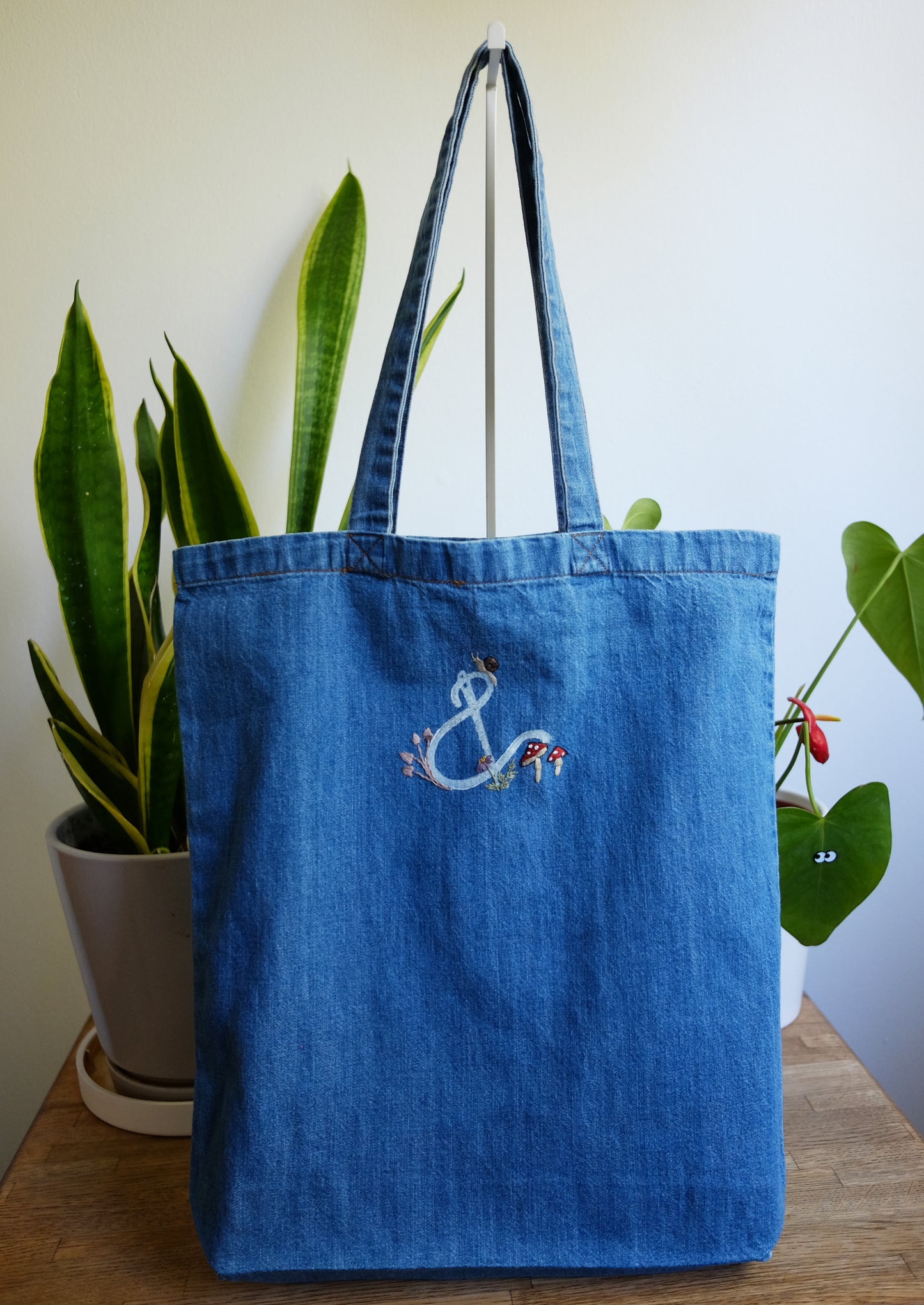 Snail & Mushrooms Hand Embroidered Tote Bag
