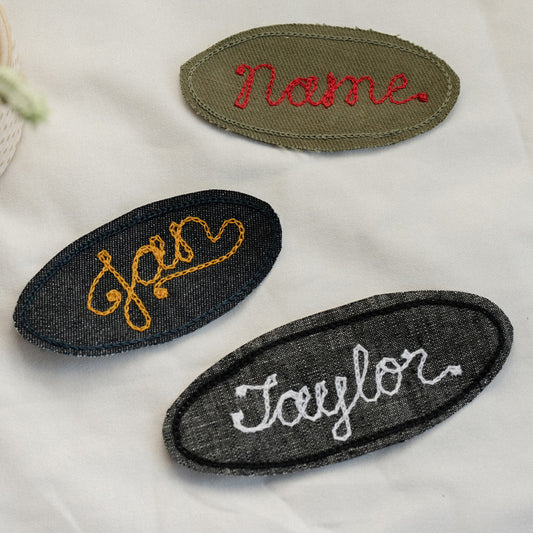 Iron-on Name Patch- Denim, Black Linen, Olive